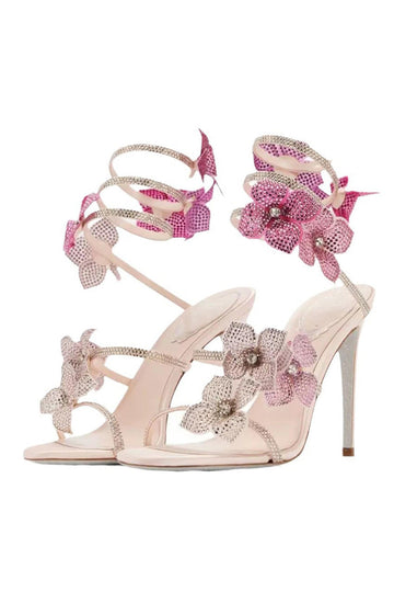 Sandales à talons aiguilles perlées roses scintillantes avec fleurs 3D